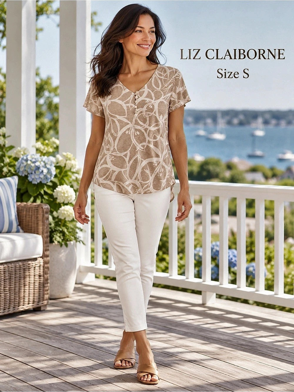 Liz Claiborne Tan Ivory Floral Flutter Sleeve Button Detail Top Size S